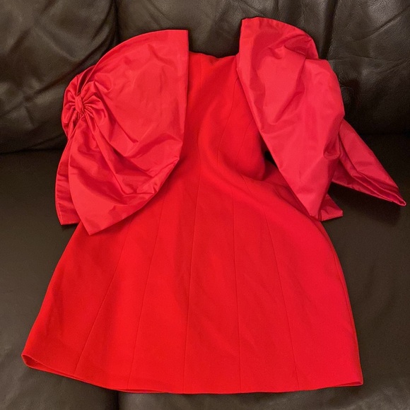 NWT TOCCIN Double Bow Sleeve Off the Shoulder Holiday Christmas mini Dress - Picture 13 of 16